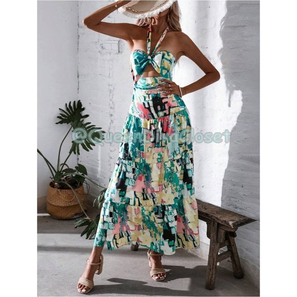 Vacation Allover Print Cut Out Front Ruffle Halter Backless Maxi Dress L 8/ 10 - Picture 2 of 6